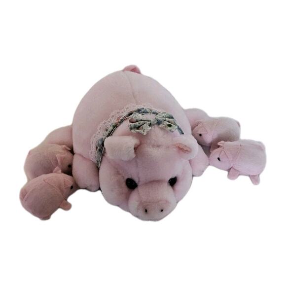 Vintage Stuff Plush Mama Pig And 4 Stuffed Animal Piglets Zippered Tummy Pouch - Picture 2 of 12